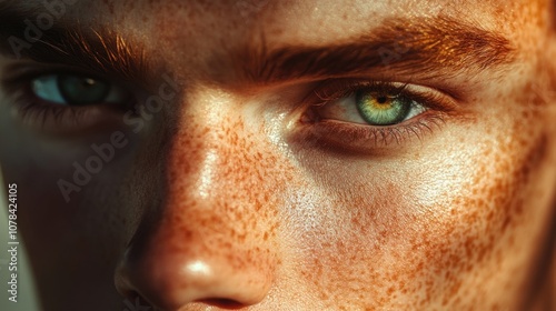 Fair skinned man with freckles and hazel eyes.