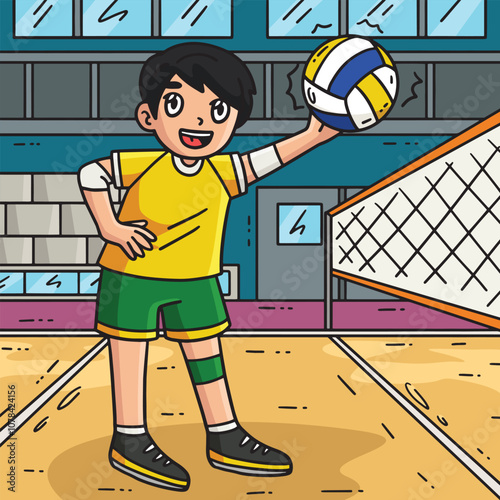 Volleyball Player Spiking the Ball Colored Cartoon