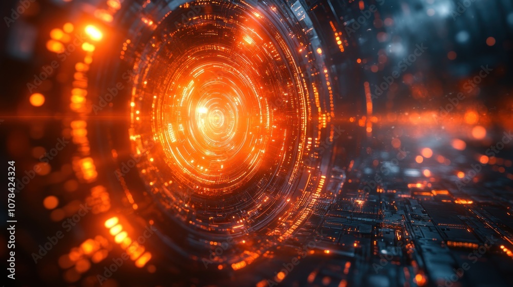 Abstract digital tunnel with glowing orange lights and patterns. Abstract digital tunnel with glowing orange lights and patterns.