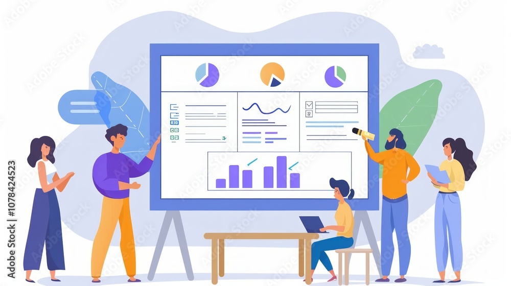 A diverse team of four people, three women and one man, collaborates and presents data from a large white board with graphs and charts. They're discussing information about a company or organization.