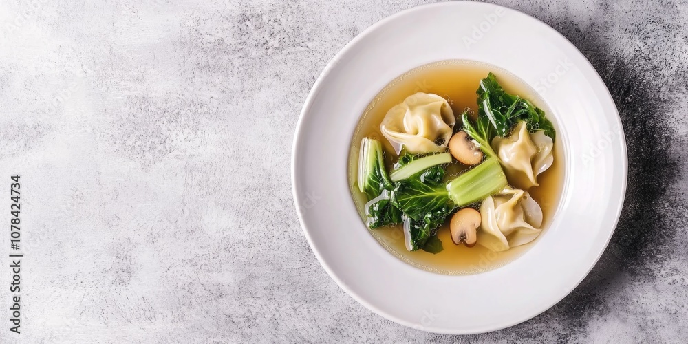 This vegetarian soup is full of nutrients, featuring noodles in a light broth topped with fresh vegetables like broccoli and mushrooms. This vegetarian soup is full of nutrients, featuring noodles in a light broth topped with fresh vegetables like broccoli and mushrooms.