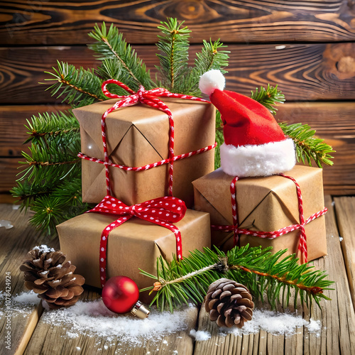 decorated gift boxes near snags and Christmas