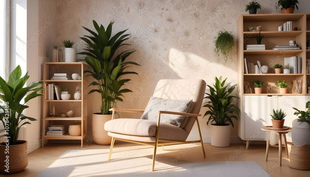 Fototapeta premium Scandinavian living room interior design zoom background,Doodle Galaxy patterned wallpaper graphics