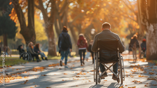 Man in a wheelchair on a sunny park pathway, surrounded by autumn foliage with other people enjoying the day, emphasizing inclusion and community.