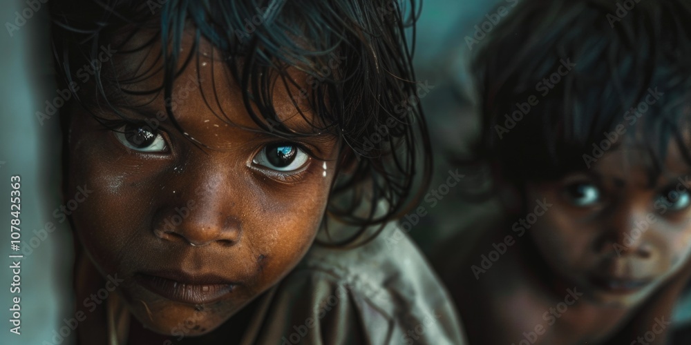 Two children with dark hair and brown eyes are standing next to each other. One of them has a sad expression on his face Two children with dark hair and brown eyes are standing next to each other. One of them has a sad expression on his face