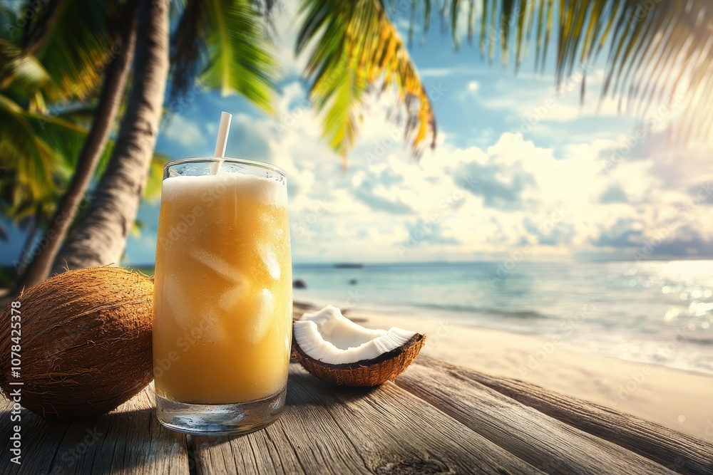 Obraz premium Chilled coconut beverage on a wooden surface with a coconut palm backdrop