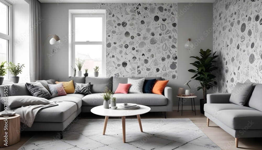 Obraz premium Scandinavian living room interior design zoom background,Doodle Galaxy patterned wallpaper graphics
