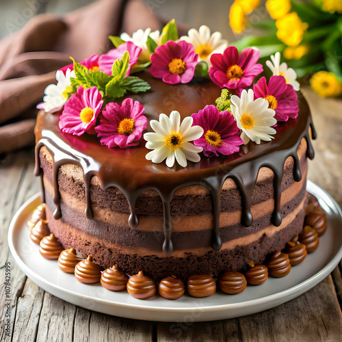 delicious chocolate cake with flowers