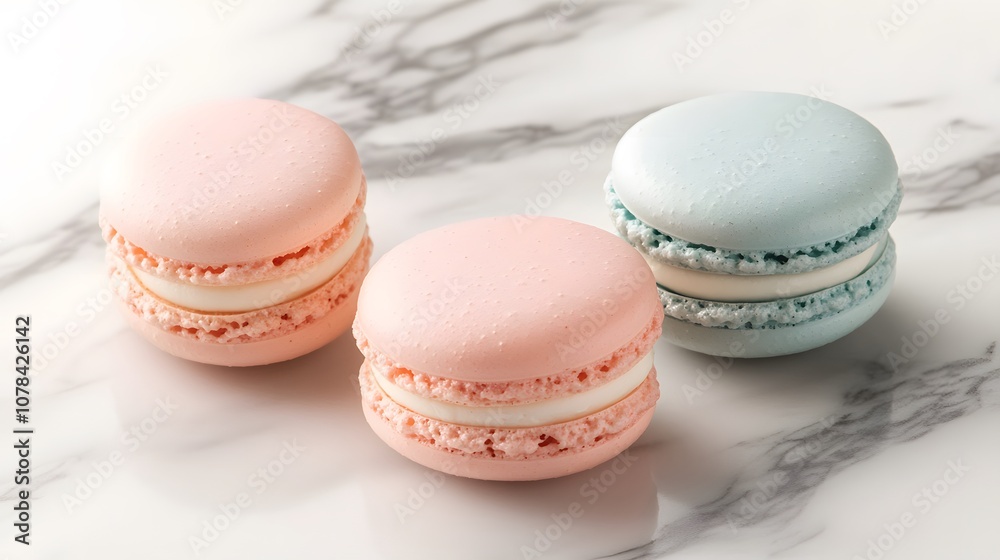 Fototapeta premium Close-up of three macarons in pastel pink and blue colors on a marble background, studio shot