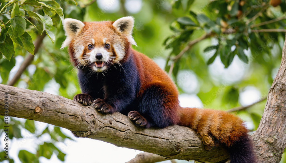 Fototapeta premium A red panda sits on a branch in a tree, looking directly at the camera