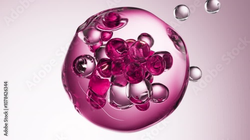 Pink serum with liquid bubbles in a 3D abstract background. Hydrating essence gel with collagen molecules. Moisturizing cream or oil for skincare and beauty.