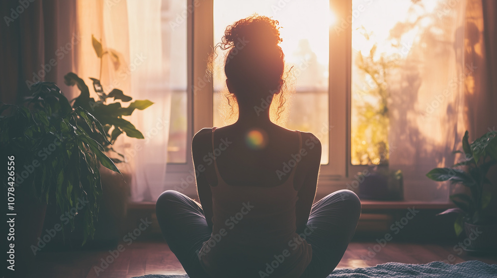 Curly-haired woman facing window with morning light and green plants and meditating in the tranquility. Curly-haired woman facing window with morning light and green plants and meditating in the tranquility.