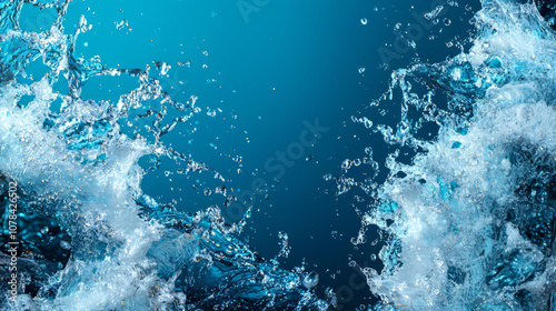 Water splashes create dynamic movement and energy in vibrant blue scene