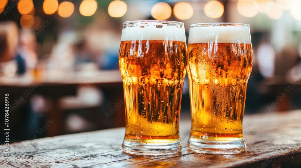 Two glasses of cold, refreshing beer on a wooden table in a vibrant setting with blurred lights. Two glasses of cold, refreshing beer on a wooden table in a vibrant setting with blurred lights.