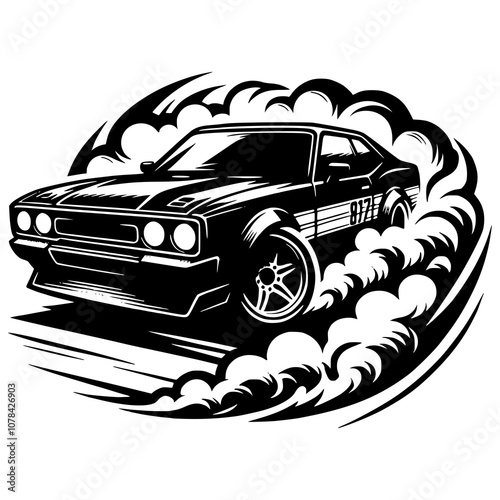 A street race logo with a car performing a burnout, smoke swirling around the aggressive rear tires