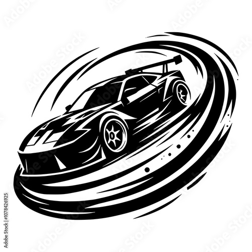 stylized silhouette of a racing car drifting, tire marks forming a dynamic curve around the design
