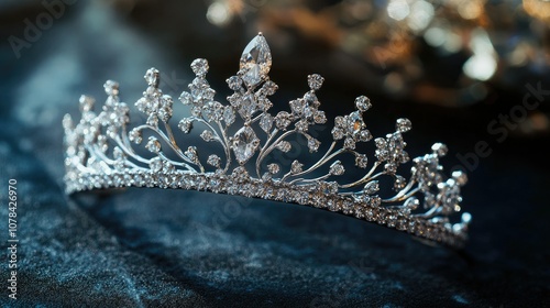 Stunning silver tiara with diamond embellishments, shown on a clean black surface for a dramatic effect.