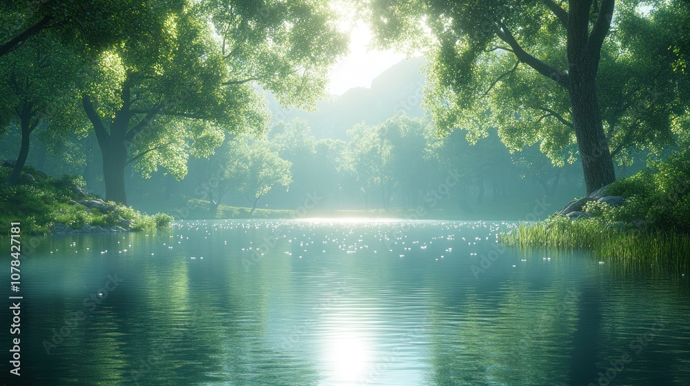 Obraz premium Serene lake surrounded by lush trees and soft sunlight.
