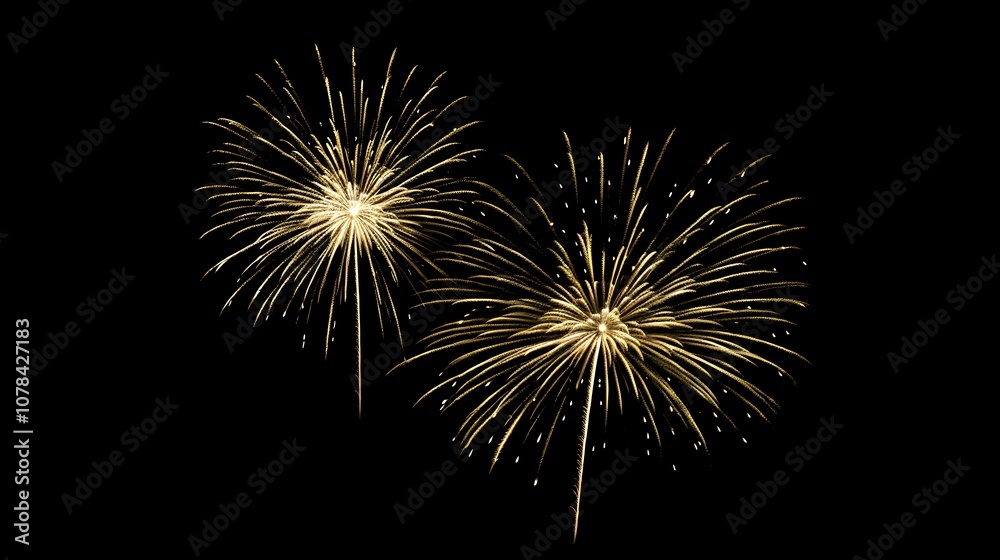 Two Golden Fireworks Exploding Against a Black Night Sky Two Golden Fireworks Exploding Against a Black Night Sky
