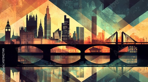 Abstract geometric cityscape of London featuring Big Ben and modern skyscrapers silhouetted against a warm, textured background with a bridge reflection. AI generative.