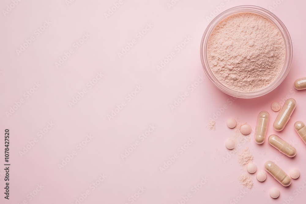 Collagen capsules and powder on a pink backdrop Enhanced protein source Natural supplement for skin bones joints and digestion Plant or fish derived Overhead sh Collagen capsules and powder on a pink backdrop Enhanced protein source Natural supplement for skin bones joints and digestion Plant or fish derived Overhead sh