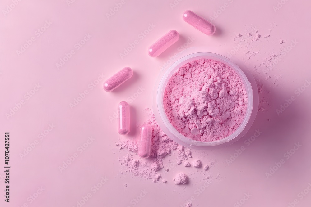 Collagen capsules and powder on a pink backdrop Additional protein source Natural supplement for skin bones joints and gut Plant or fish derived Overhead shot w Collagen capsules and powder on a pink backdrop Additional protein source Natural supplement for skin bones joints and gut Plant or fish derived Overhead shot w