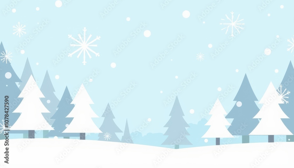 Colorful Winter Wonderland, stylized snow-covered trees, pastel blue background, gentle snowfall Colorful Winter Wonderland, stylized snow-covered trees, pastel blue background, gentle snowfall