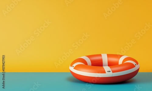 Vibrant life preserver on teal surface against bright yellow background, perfect for summer and safety themes. photo