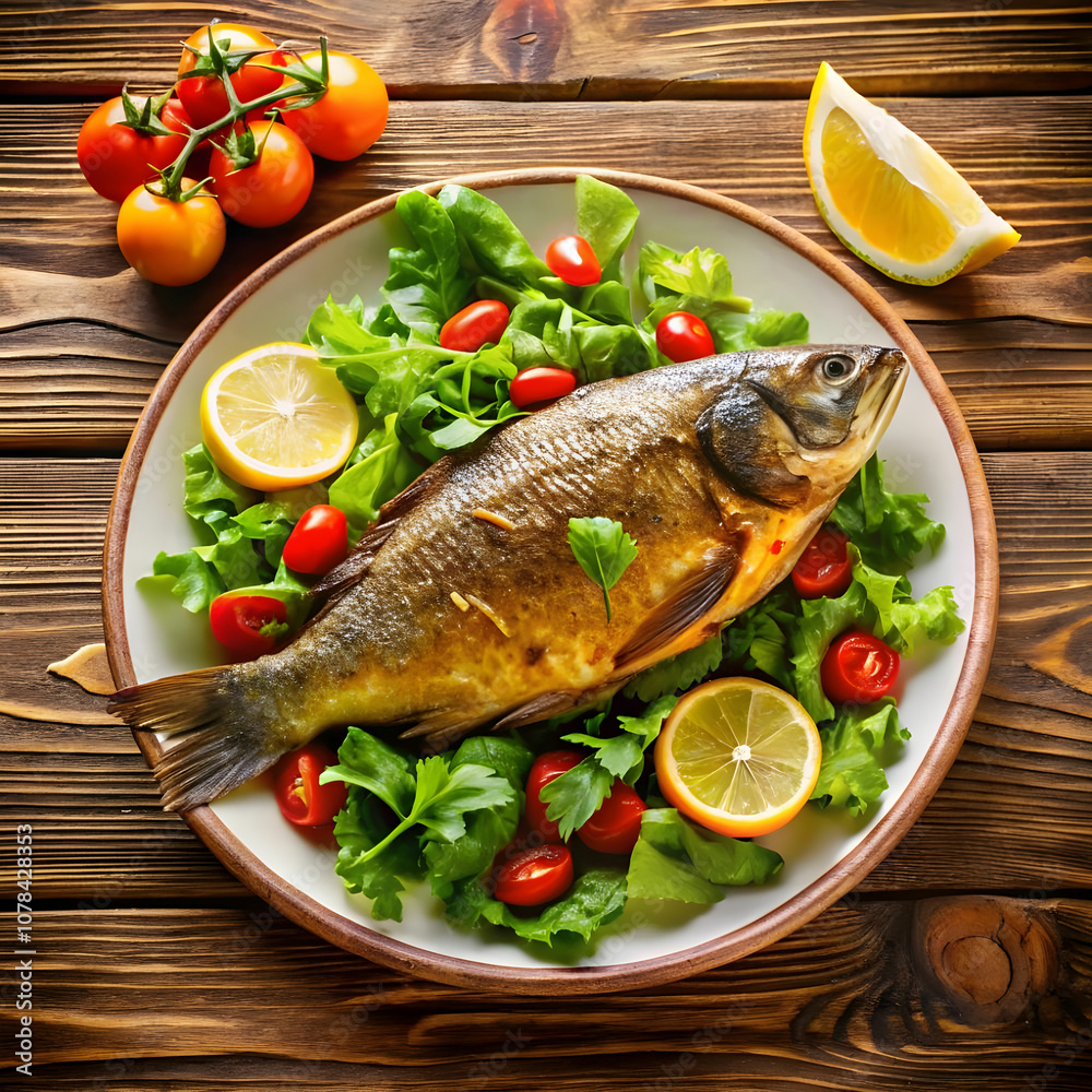 fried fish carp and fresh vegetable salad on wood fried fish carp and fresh vegetable salad on wood