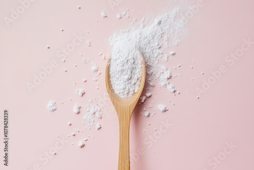 Collagen powder being poured from a wooden spoon on a white background