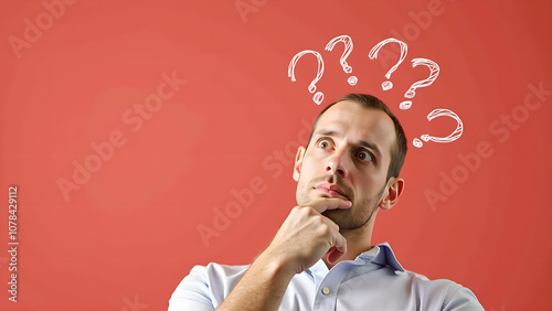 A man pondering with question marks above his head.  Conceptual image of doubt, uncertainty, and confusion.