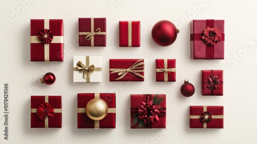 Festive arrangement of red and gold wrapped gifts and Christmas ornaments displayed on a white background, symbolizing holiday celebration and joy photo