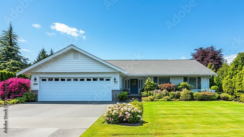 A white suburban home with a large driveway, a green lawn, and a flower garden.