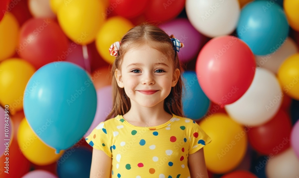 Obraz premium A cheerful young girl stands smiling against a vibrant backdrop of colorful balloons, exuding joy and innocence, perfect for capturing the essence of childhood celebrations.