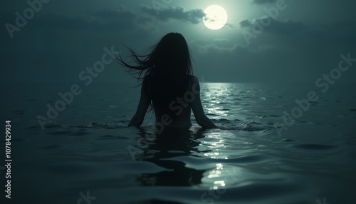 Mysterious siren with long hair wading in moonlit waters, creating an enchanting and atmospheric scene