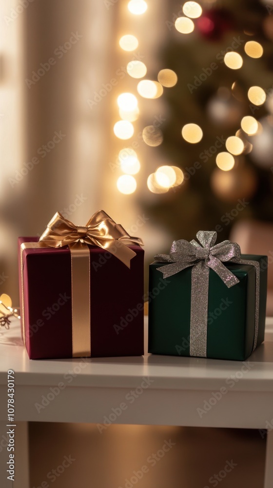 custom made wallpaper toronto digitalRed and green holiday gifts with bows beside a decorated Christmas tree in a cozy living room setting