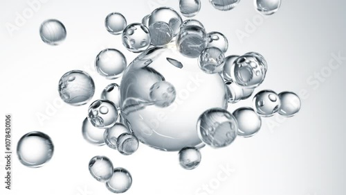 Clear cosmetic serum with liquid bubbles in a 3D abstract background. Hydrating essence gel enriched with collagen molecules. Moisturizing cream or oil for advanced skincare, beauty, and skin health.