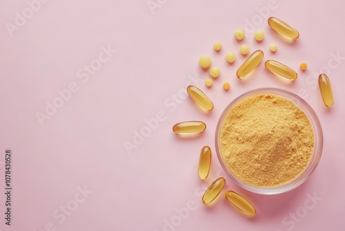 Collagen supplements in powder and pill form on a pink backdrop Additional protein source for skin bones joints and digestion Derived from plants or fish Overhe photo