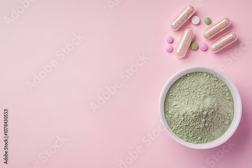 Collagen supplements in powder and pill form on a pink backdrop Added protein for skin bone joint and gut health Plant or fish derived Top down view with space