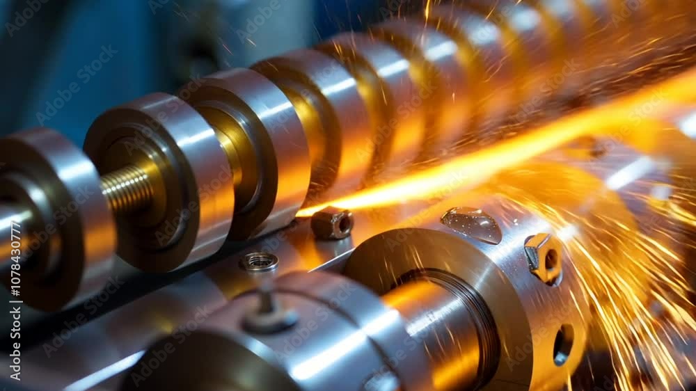 A detailed view of a machining process where cutting tools work on metal components, generating bright sparks in a well-lit workshop setting