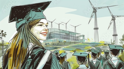 Celebrating Graduation Achievements with Smiling Students in Cap and Gown at Eco-Friendly University Ceremony