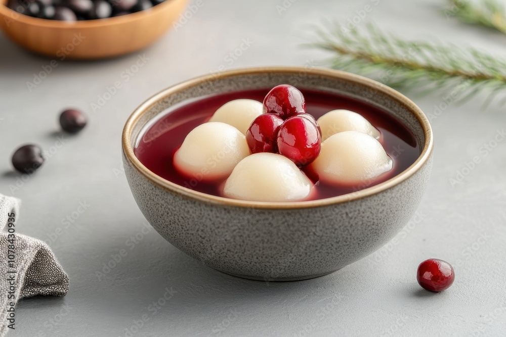 Detail shot of glutinous rice dumplings in red bean soup on a gray surface for the Winter Solstice celebration Detail shot of glutinous rice dumplings in red bean soup on a gray surface for the Winter Solstice celebration
