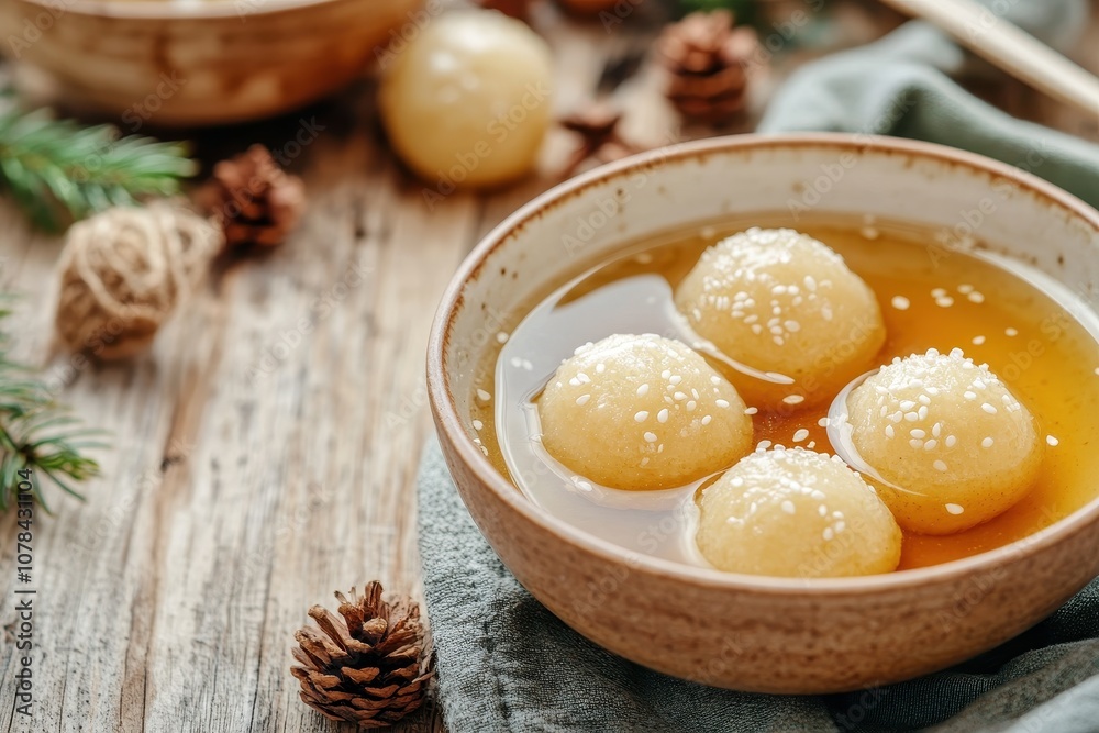 Detail view of large sesame tangyuan in syrup served in a bowl on a wooden table for the Winter Solstice celebration Detail view of large sesame tangyuan in syrup served in a bowl on a wooden table for the Winter Solstice celebration