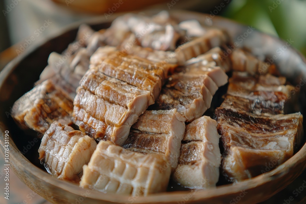 Detailed look at delicious raw tripe an edible stomach lining from farm animals such as goats sheep and cows made from muscle with the mucosal layer removed