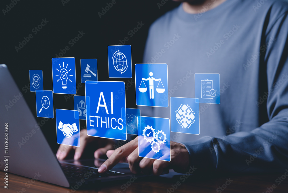 © Supatman - AI Ethics and Governance in Artificial Intelligence. A person working on laptop with icons representing ethics, law, and governance in AI, importance of responsible AI usage, ethical decision-making,