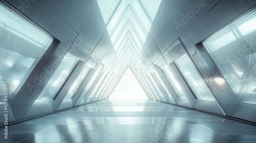 A futuristic hallway with a bright light at the end.