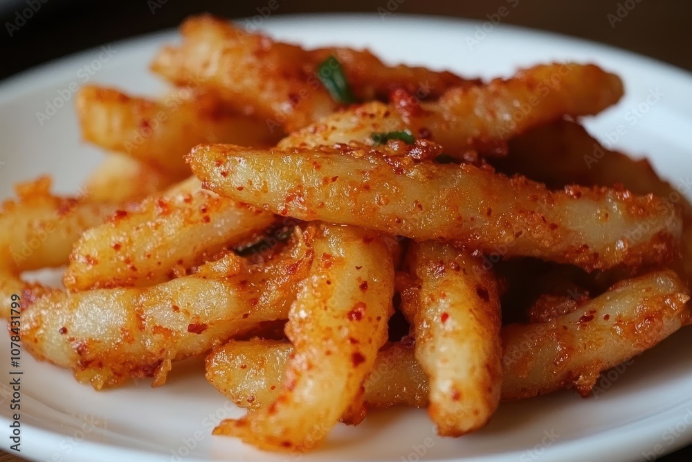 Detailed view of fried radish kimchi with chili powder on a round white plate South Korea Detailed view of fried radish kimchi with chili powder on a round white plate South Korea