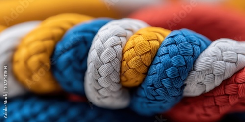 A high-tech braided material in vibrant hues entwines in a close-up shot, showcasing intricate design and modern craftsmanship. photo