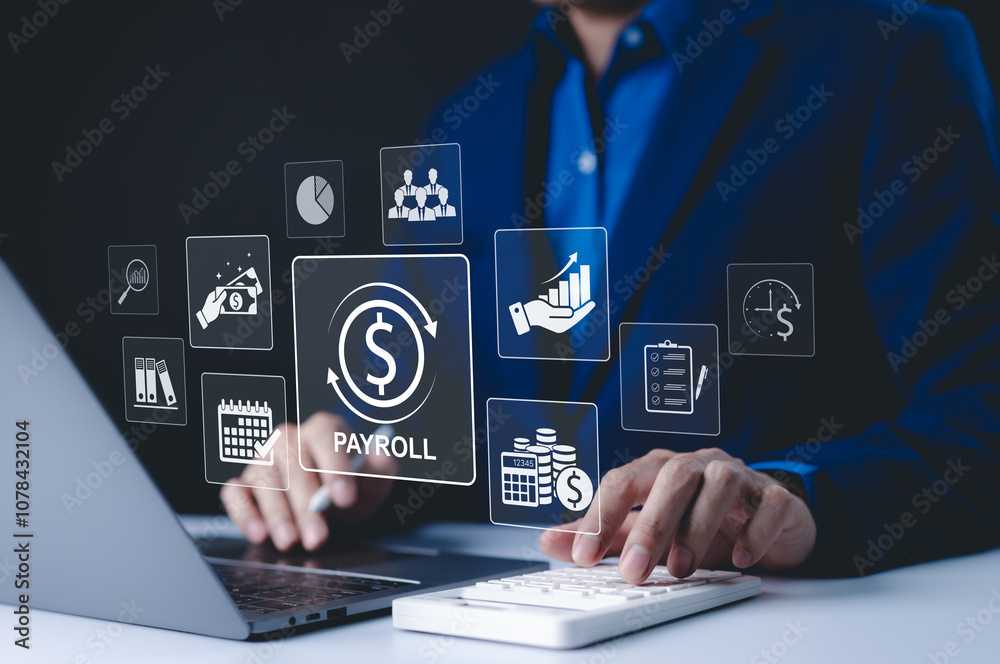 Payroll Management and Financial Processing System. Businessman works on payroll management with icons for payment, employee salaries, scheduling, analysis finance, and efficient payroll operations. Payroll Management and Financial Processing System. Businessman works on payroll management with icons for payment, employee salaries, scheduling, analysis finance, and efficient payroll operations.