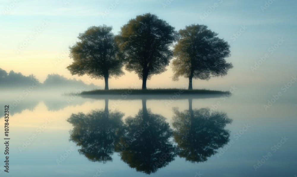 Tranquil lake reflection with three trees, misty morning atmosphere Tranquil lake reflection with three trees, misty morning atmosphere